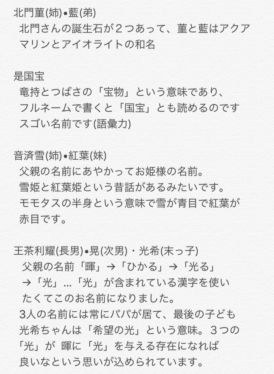 忍 Pプロ の子ども達の名前の由来です フォロワーさんから提供して頂いてリプ遡れなくて正しい由来忘れてしまった子は省いてますすいません とりあえず思い出せる子たちだけで