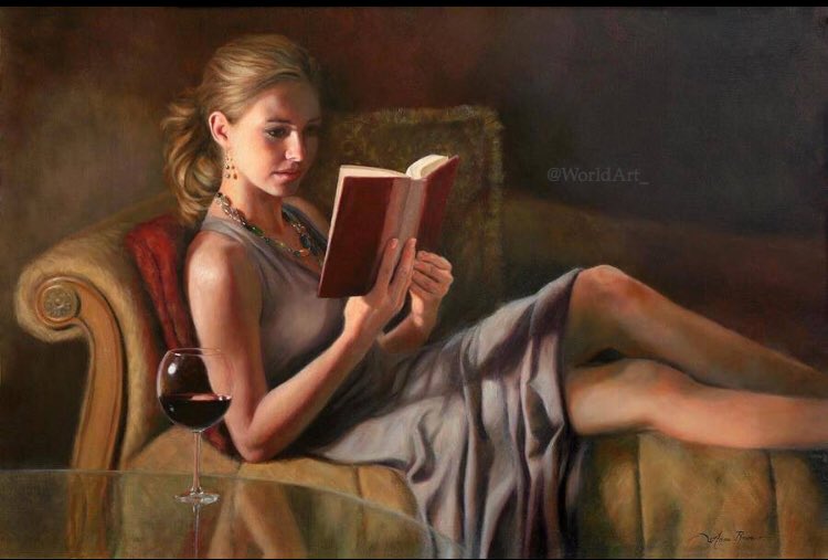 WorldArt_'s tweet photo. كثيراً مايصور الرسامون الغربيون فتاة جميلة وبيدها كتاب، لأنهم يعتقدون أن جمال الجسد لايبقى إلا بكمال العقل.* https://t.co/kKt4bljo2x