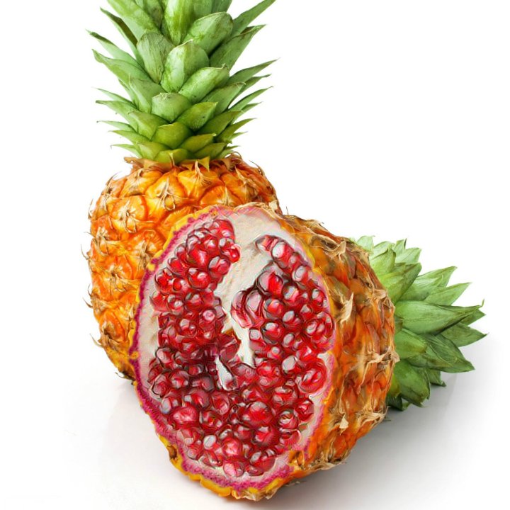 alexjc's tweet photo. Deep convolution networks: helping people without photoshop skills (i.e. me) make radioactive-looking fruit! #NeuralDoodle The pinegranate: https://t.co/vwVHLcfHcw