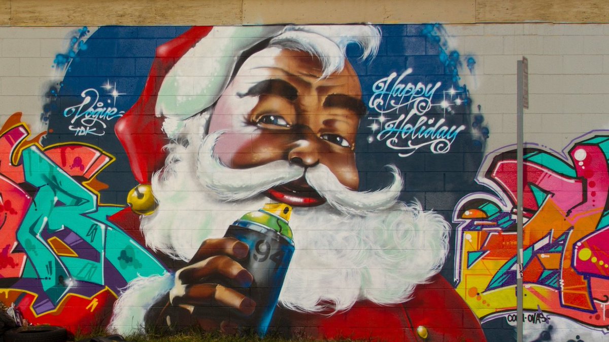 wherethewall's tweet photo. Ho Ho Ho it's #Xmas time! 🎄🎅 Have a wonderful one! #StreetArt #Graffiti #FunkySanta -best wishes from your @wherethewall team! https://t.co/PCkfyeSTUX