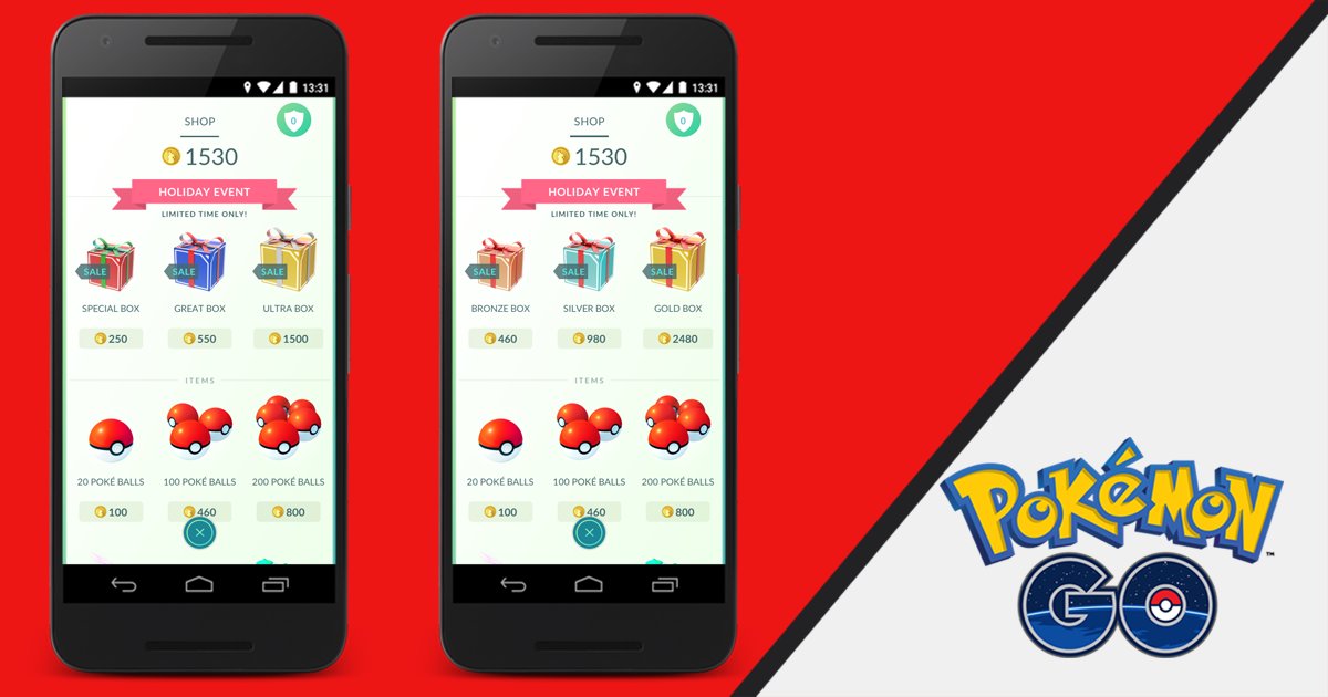 Pokémon GO on X: Trainers, limited-time holiday packs will be available in  the Pokémon GO in-game shop from December 25, 2016, to January 3, 2017 PST.   / X