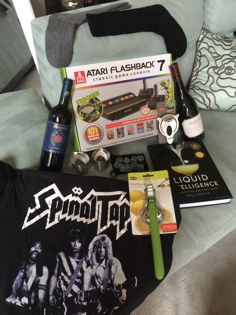 What a haul!  My fam knows me well! #atari #barstuff #wine #cashmeresox #spinaltapjammies Xmas went up to eleven!