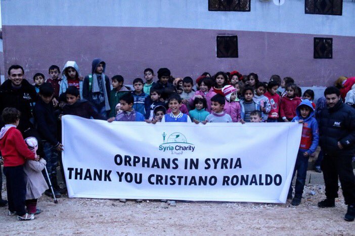 RMadridInfo's tweet photo. From the Syrian children to Cristiano: "Golden Ball, Golden Heart, thank you @Cristiano Ronaldo." [@SyriaCharity] https://t.co/oUkvqvUu3v