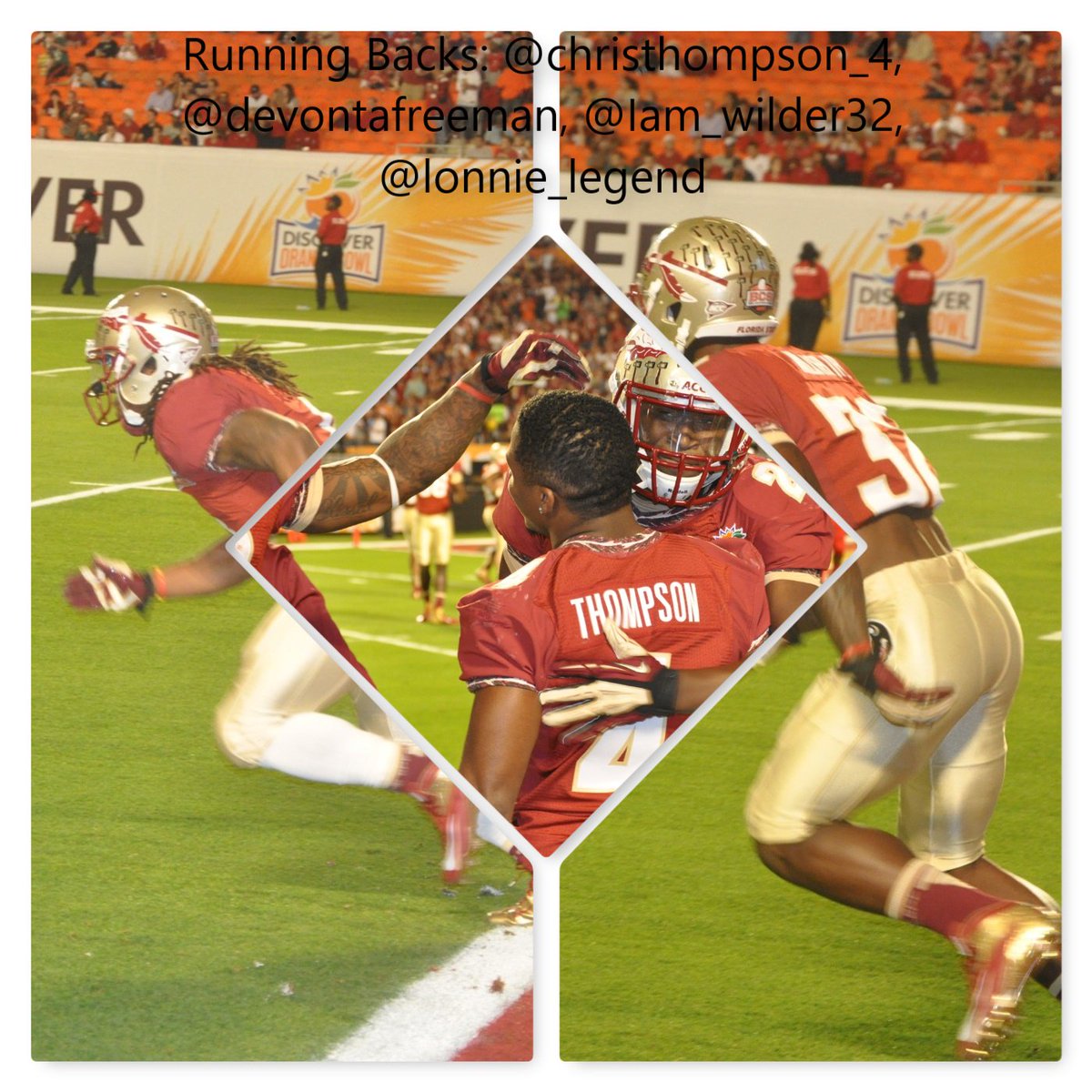 FSUBAA's tweet photo. Merry Christmas.  5 days until #OB2016; #5 from the 'Noles last visit. RB's!! @christhompson_4 @devontafreeman @lonnie_legend @Iam_wilder32 https://t.co/ZconoLjhaX