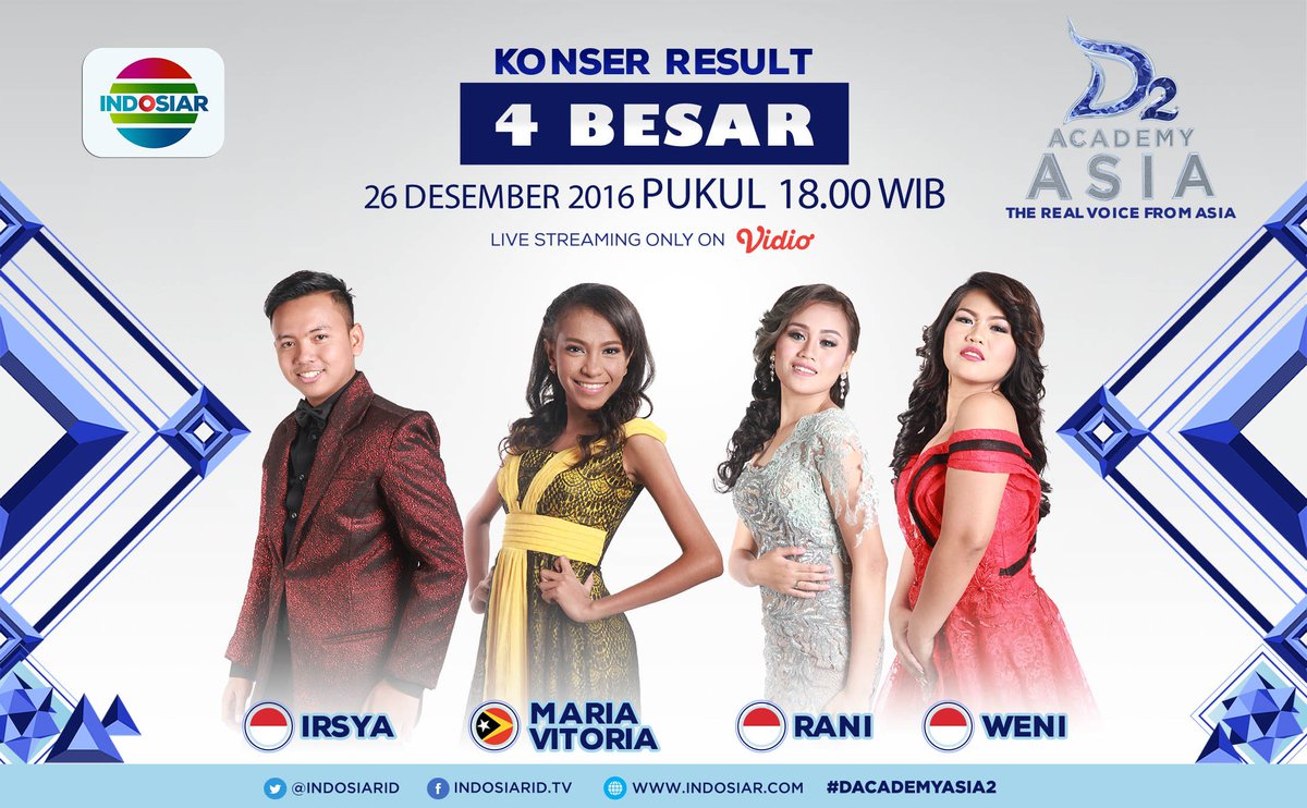 Indosiar's tweet photo. Siapakah di antara Top 4 #DAcademyAsia2 yang akan lolos menjadi Top 3? Saksikan malam ini, pkl 18.00 WIB! https://t.co/L37Ia9XGDx