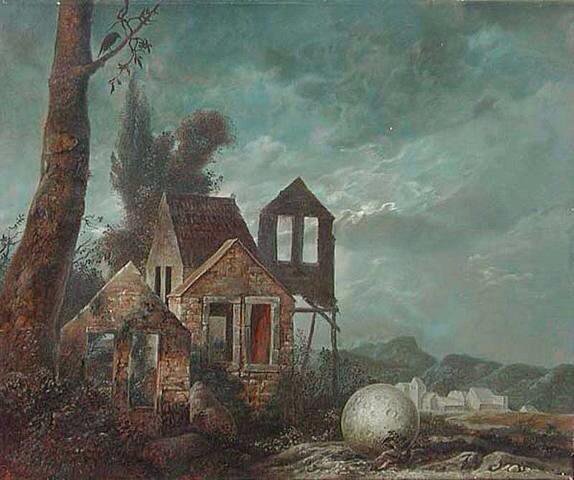 sup________'s tweet image. House in an imaginary landscape by Samuel Bak 1970