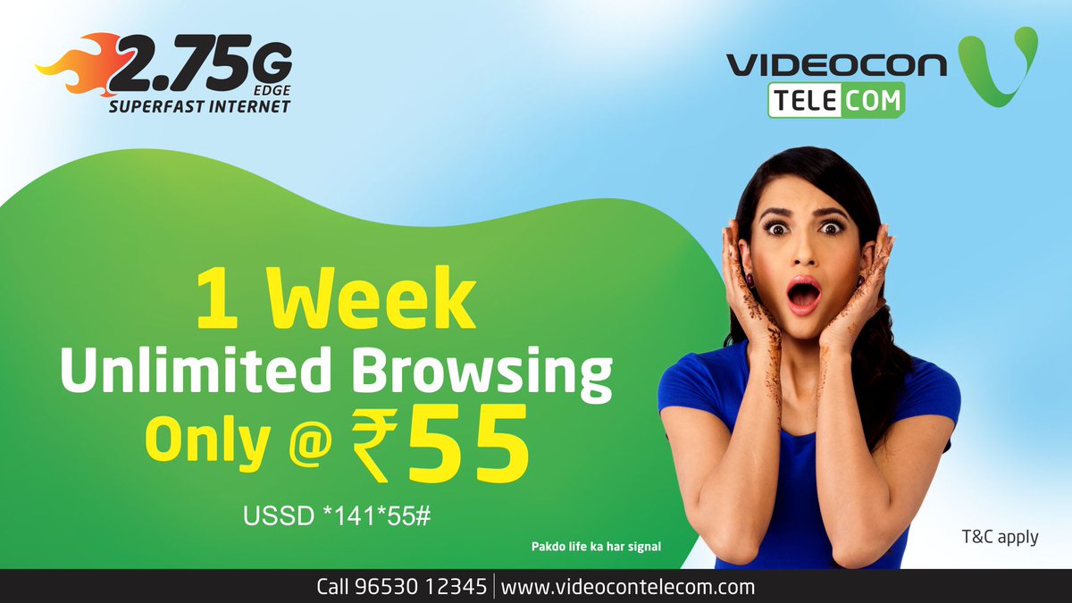 VideoconTelecom's tweet image. 1 week unlimited data with unlimited data packs. Pay Rs 55 and enjoy seamless browsing for 7 days. 
For more click videocontelecom.com