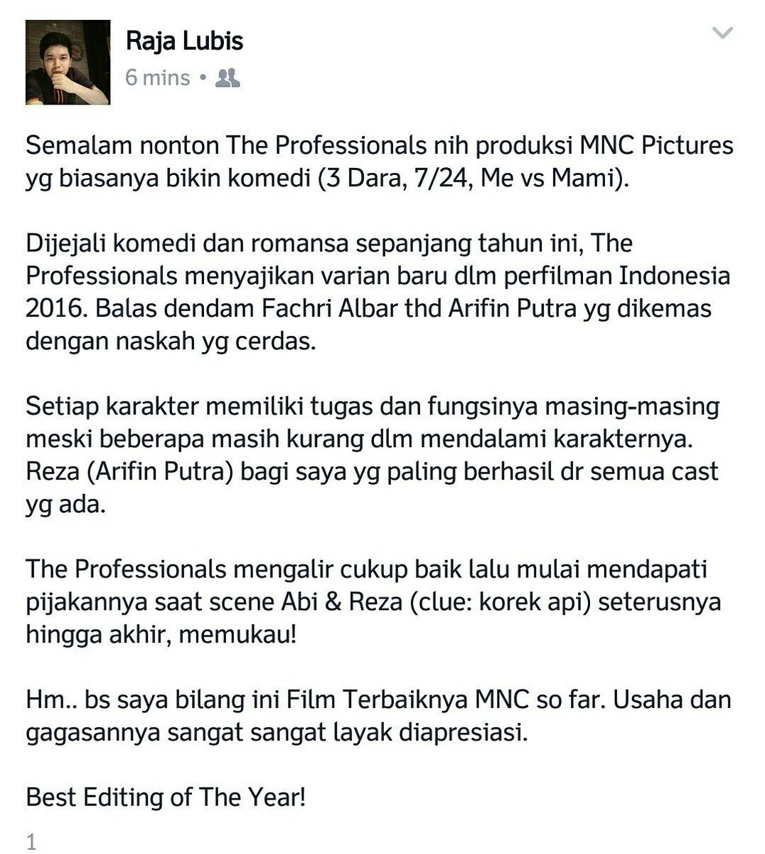 Review #TheProfessionals on the Blog rajablackwhite.wordpress.com/2016/12/26/rev…
Cc: @TheProMovie <a href="/lukmansardi/">Lukman Sardi</a> <a href="/CornelioSunnyFC/">CornelioSunnyFC</a> @filmindobdg <a href="/MNC_Pictures/">MNC Pictures</a>