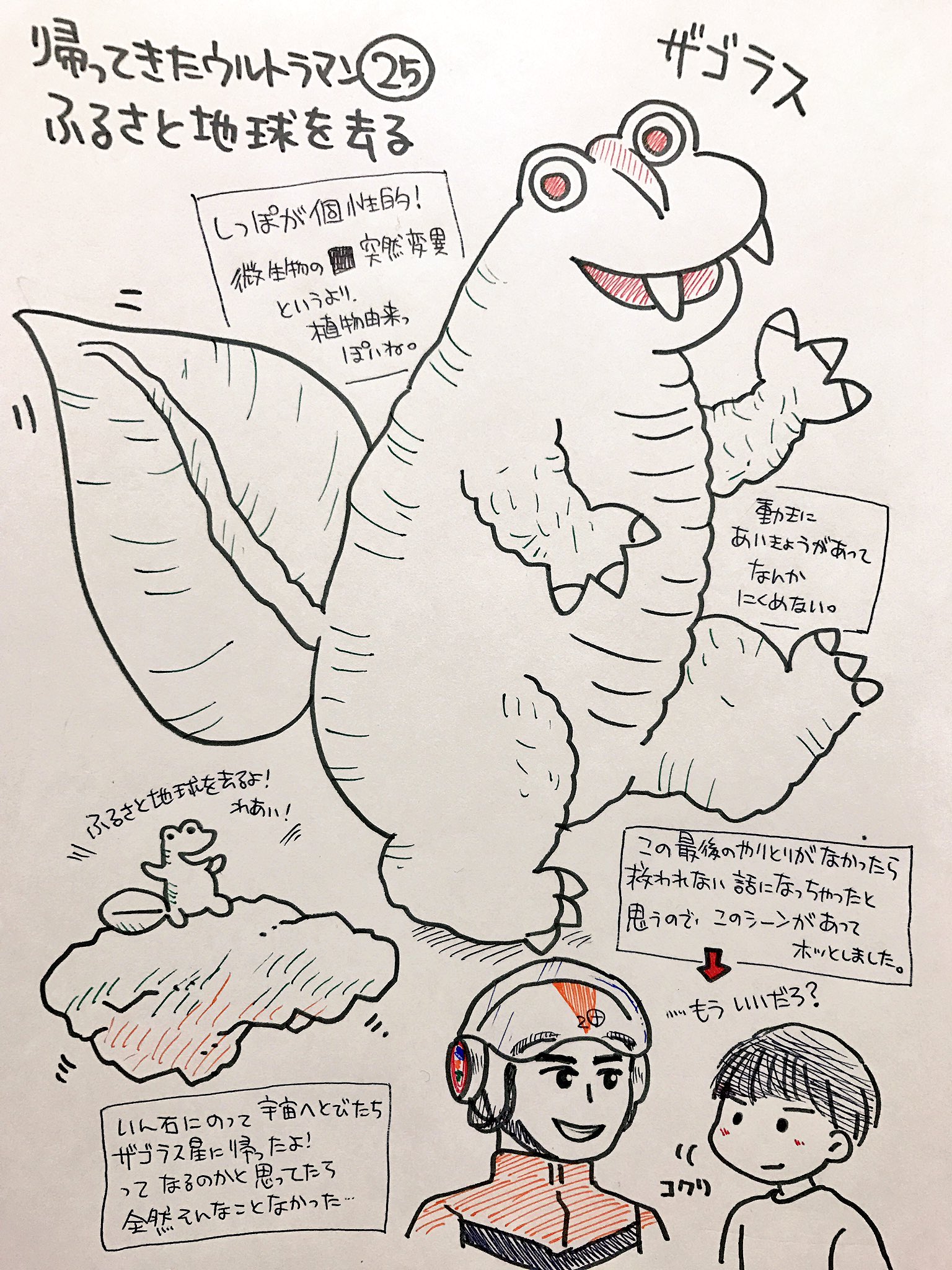 くまみ 帰ってきたウルトラマンの怪獣をみた順に描く ふるさと地球を去る ザゴラス サブタイ通り地球を去るのかと思ったのに ラストシーンの南隊員の顔がうまく描けなくて悔しいです 本当はもっと素敵な笑顔で 直前シーンの不穏さをナイスフォロー