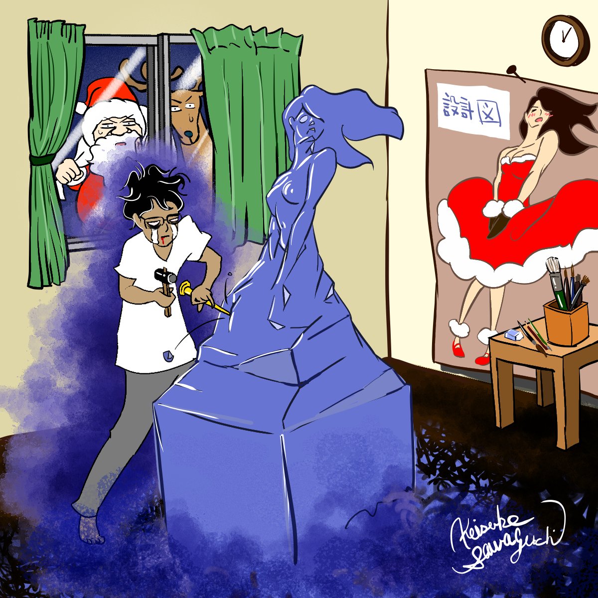 恋人を作ろうとしたけどクリスマスイブに間に合わなかったので八ツ当りで暴れる2人が出会う絵を描きました。完結しました。#クリスマス #くりぼっち #描いてみた #絵 