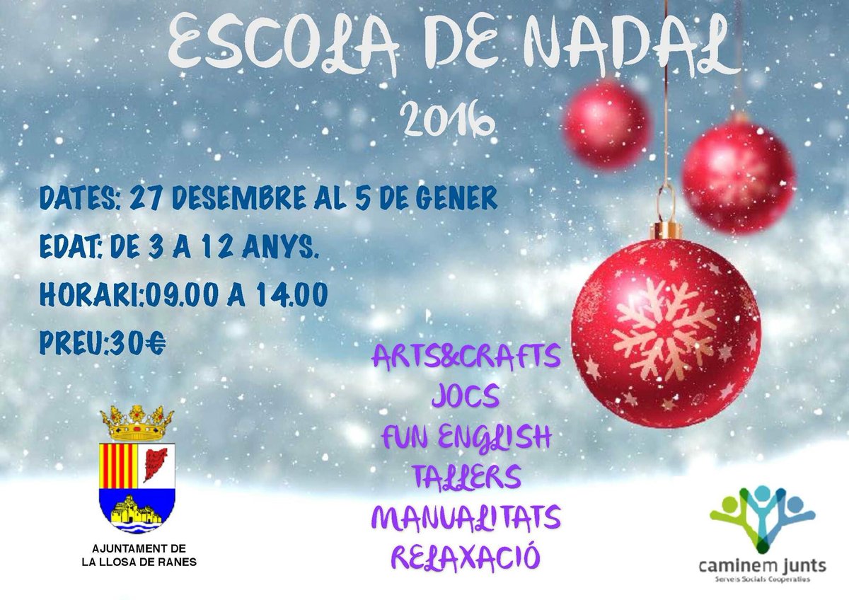 Si vols jugar i divertir-te amb els teus amics estes vacances de Nadal, t'esperem del dia 27 de Desembre fins el 5 de Gener al cole!