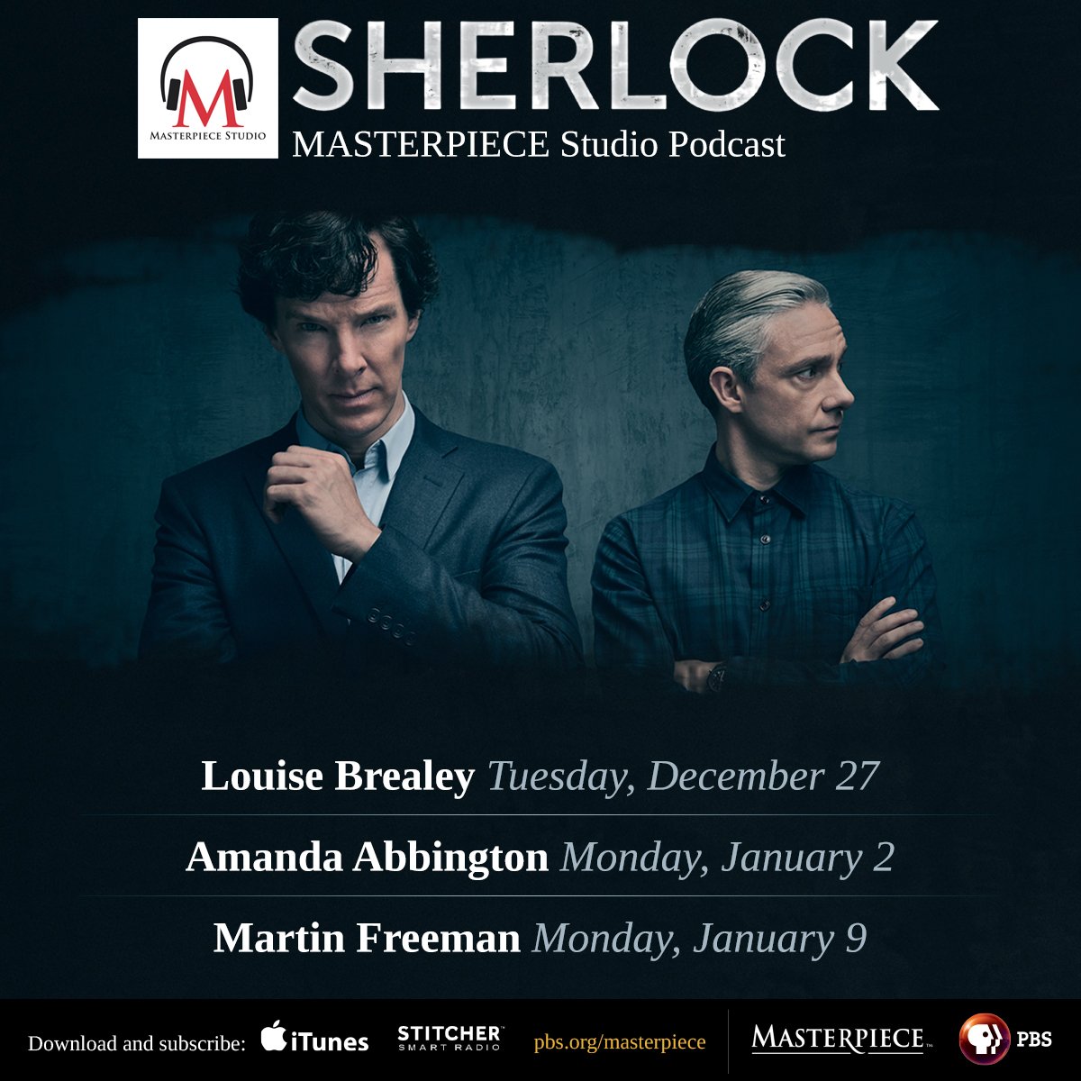 masterpiecepbs's tweet image. Our #SherlockPBS MASTERPIECE Studio podcast episodes begin tomorrow with @louisebrealey followed by @CHIMPSINSOCKS and #MartinFreeman!
