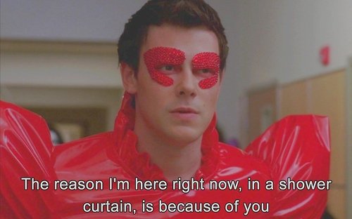 Gleeks_s2's tweet image. I want to thank you, Kurt. I realize I still have a lot to learn, but the reason I'm here right now, in a shower curtain, is because of you.