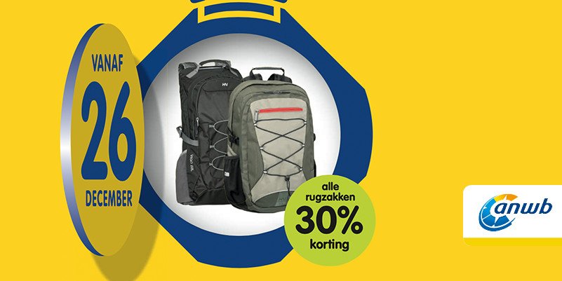 Vandaag maandag 26 december: Alle rugzakken. Van dagrugzak tot backpack, inhoud 10 tot 65 liter. webwinkel.anwb.nl/webwinkel/?utm…