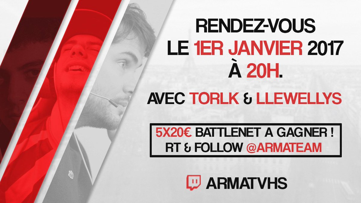 Pour participer follow <a href="/armateam/">ArmaTeam</a> et RT :) ! On arrive le 1er janvier à 20h sur twitch.tv/armatvhs Tirage au sort pendant la soirée