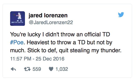 SBNation's tweet image. Dontari Poe's instant-classic TD is an important reminder that someone needs to sign @JaredLorenzen22! cc: @NFL sbnation.com/2016/12/26/140…