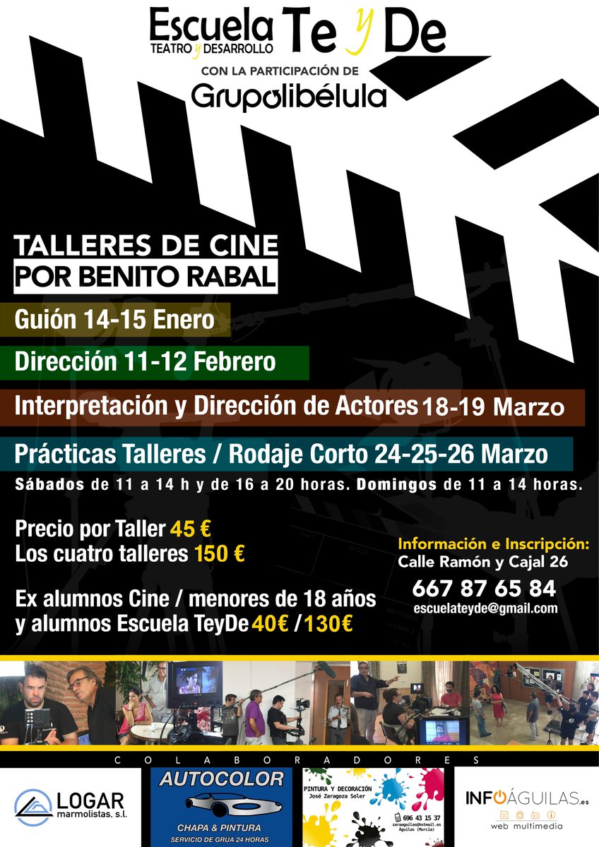 Talleres de #Cine por #BenitoRabal con <a href="/grupo_libelula/">Grupo Libélula</a>
#Guión #Dirección #Interpretación - Dirección #Actores #Rodaje #Cortometraje
#Águilas