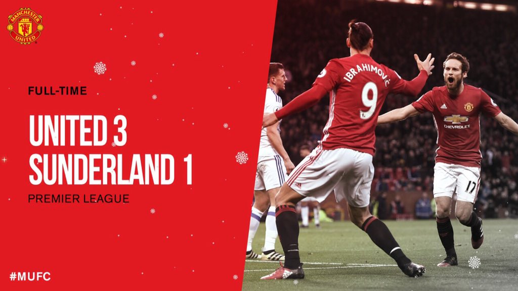 FT: United 3 Sunderland 1. Five wins in a row after goals from Daley Blind,Zlatan Ibrahimovic and Henrikh Mkhitaryan. Merry Christmas!