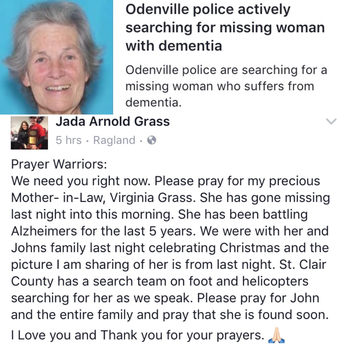 JR_Sandlin's tweet photo. Please RT and Pray for our Head Football Coach and His Family! His mother has gone missing! https://t.co/dCtiKh9bC1
