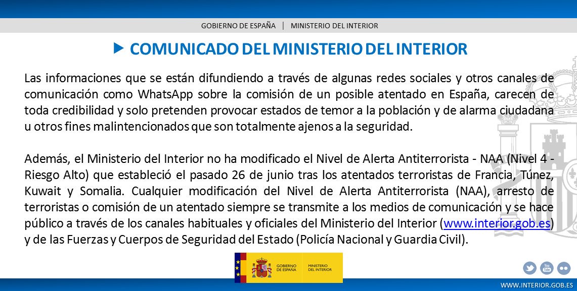 ¿Te han mandado un mensaje sobre riesgo terrorista? 📲Haz caso sólo de medios oficiales, <a href="/interiorgob/">Ministerio del Interior</a> no cambió el nivel de alerta #STOPbulos