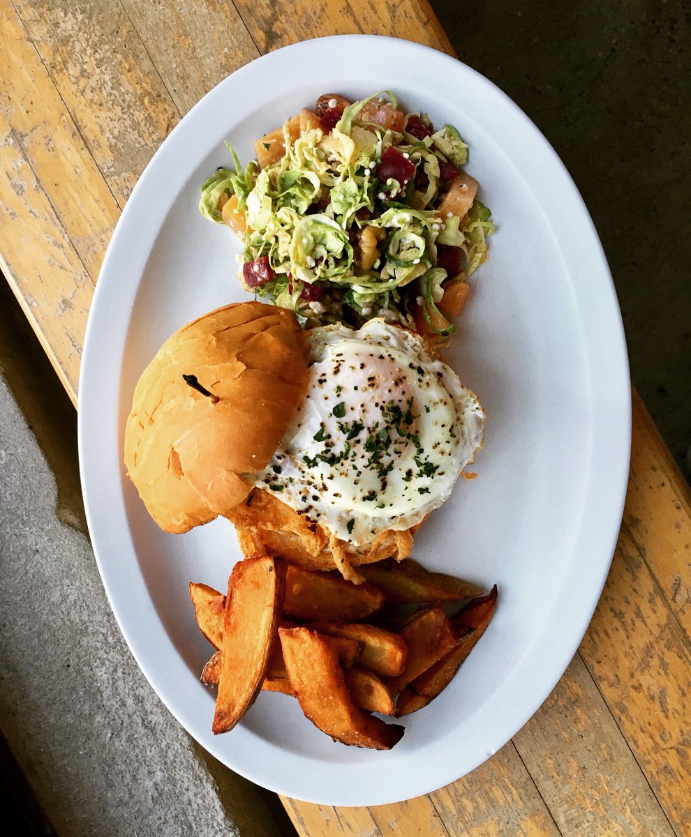 Crispy fish sandwich w/Old Bay mayo, crispy onion &amp; a fried egg on top, w/Brussels salad or a cup of creamy clam chowder! 

Only $15! #wowza