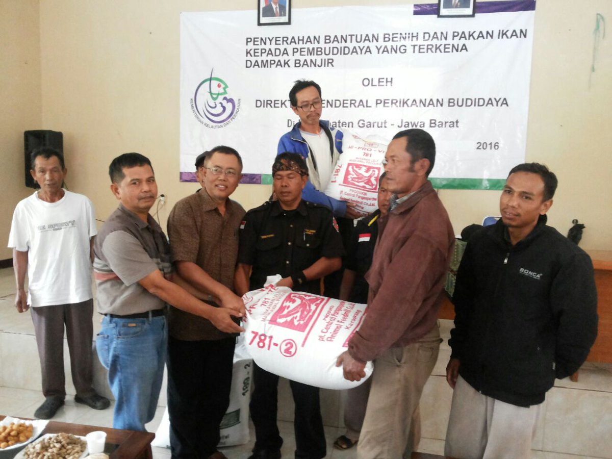Ditjen Perikanan Budidaya menyaluran bantuan pakan ikan sebanyak 16.700 kg bagi 13 Pokdakan terdampak banjir di Kabupaten Garut.