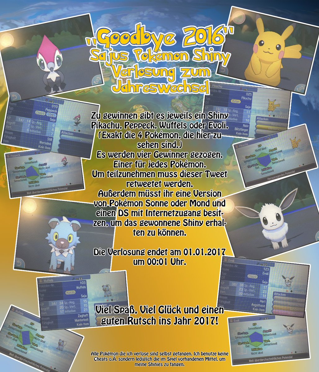 SajuKoboldkind's tweet photo. Ihr könnt zum Jahreswechsel jeweils ein Shiny Pikachu, Peppeck, Wuffels oder Evoli gewinnen! Alle Infos im Bild. RT um teilzunehmen! <3 https://t.co/9e1IhFHJrD