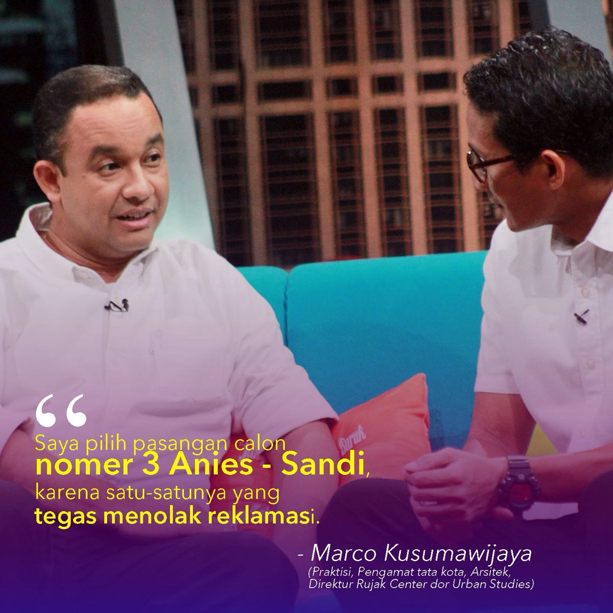 AniesQuote's tweet photo. #GuePilihAniesSandi karena satu-satunya yang tegas menolak reklamasi. - @mkusumawijaya https://t.co/mzh7WFMUV0