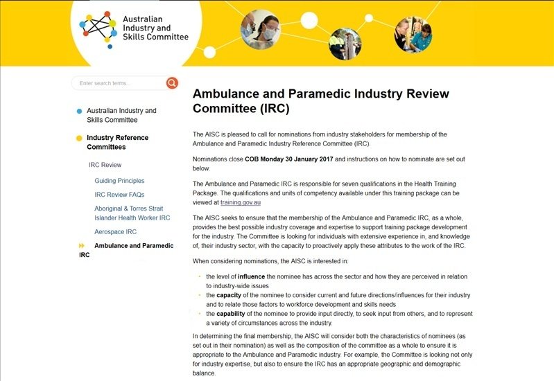 ParamedProf's tweet photo. Australian Industry &amp; Skills Ctee calls nominations for the Ambulance &amp; Paramedic Industry Reference Committee https://t.co/VU2f0LtLoH 1/2 https://t.co/NdIBGzCjxP