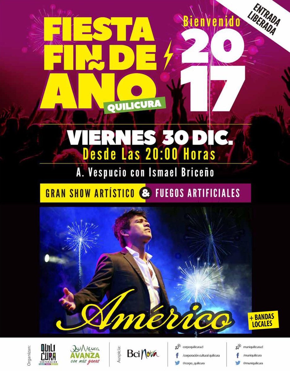 corpo_quilicura's tweet photo. En #Quilicura recibimos en grande el 2017, con mega show pirotécnico y artístico! Viernes 30 dic, desde las 20 hrs, Ismael Briceño-Vespucio. https://t.co/Qx3R2aXn2r