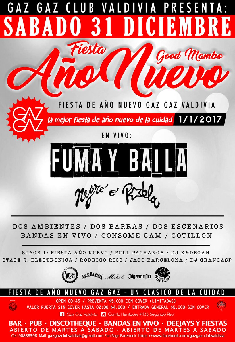 FIESTA DE AÑO NUEVO EN GAZ GAZ CLUB! - 2 Ambientes, 4 Djs. Cotillón, consomé. espumante. 08 Am
En vivo: FUMA &amp; BAILA vivo + NEGRO E' POBLA