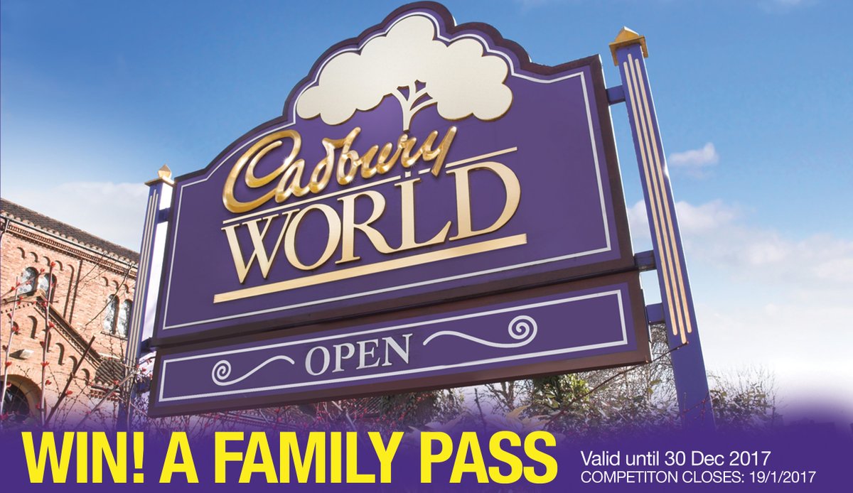 Birmingham What's On (@whatsonbrum) on Twitter photo #WIN! 🍫
1 FAMILY PASS to <a href="/CadburyWorld/">Cadbury World</a> to use before 30 Dec 2017. Simply RT before 19/1 to enter! #WIN! 🍫
1 FAMILY PASS to <a href="/CadburyWorld/">Cadbury World</a> to use before 30 Dec 2017. Simply RT before 19/1 to enter!