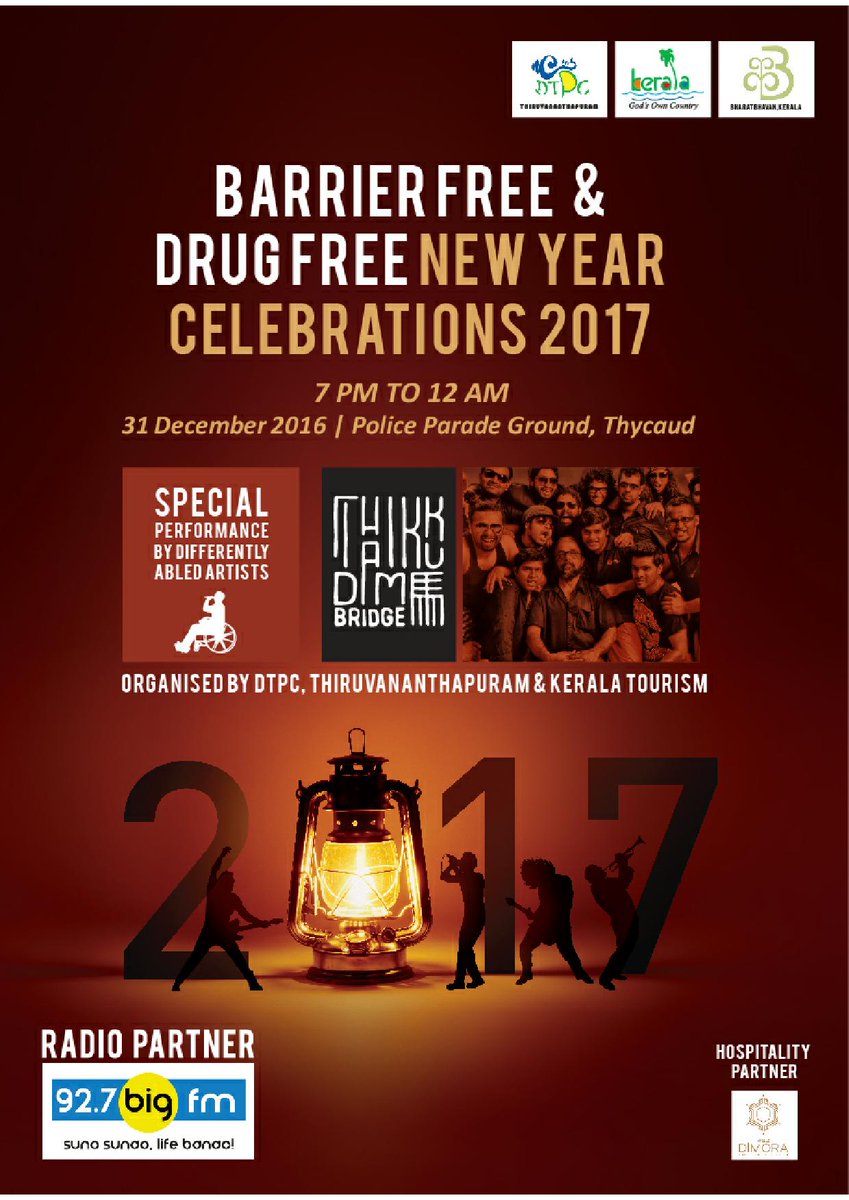 KeralaTourism's tweet photo. Save the date & time! Catch #ThaikkudamBridge live @ Police parade Ground, #Thycaud, 7PM, 31.12.2016 #Newyear2017 #SayNoToDrugs https://t.co/E1VUyTRfvA