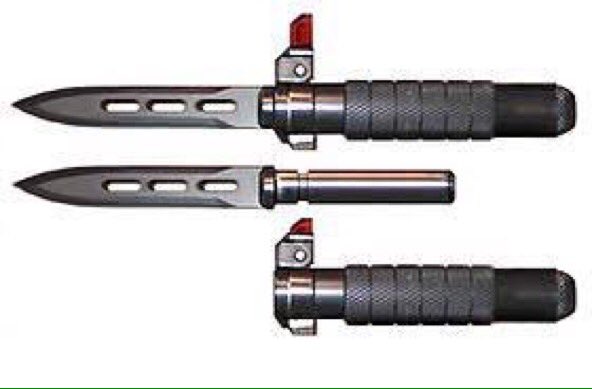 emonok1's tweet photo. スペツナズ・ナイフ：ソ連の特殊部隊「スペツナズ」が使用したといわれる特殊なナイフ。内蔵されたスプリングで刀身の射出が可能。有効射程5m程。刀身の飛翔速度は時速60km。ただ、実際スペツナズで使われていたかは疑問視する声もある。(図はアメリカ製の模倣品)https://t.co/AJ5hztN00F