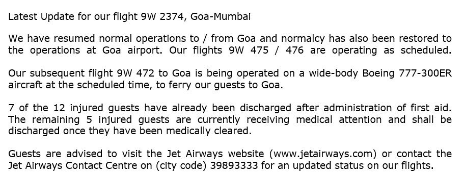 @nasirmobeen2 Please refer our latest update for flight 9W 2374 from Goa to Mumbai.