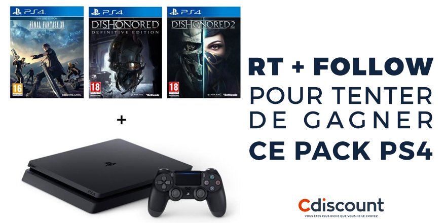 Cdiscount's tweet photo. 🎁 JEU
#RT + FOLLOW pour tenter de remporter ce pack PS4 + FFXV + Dishonored 
▶️ https://t.co/J5PGGM9tRM https://t.co/14uEVRq9ng