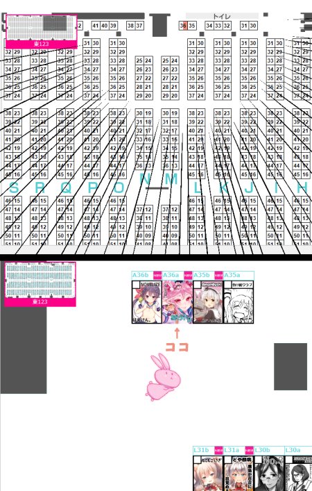 スペースの配置図はココです
両隣がはまけん。さんと吉北ぽぷりさんのクソ可愛い絵柄に囲まれて
今回も四面楚歌状態です 