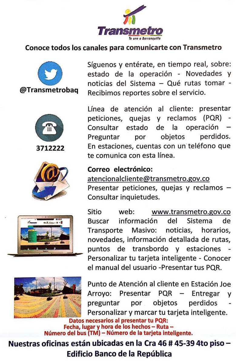 transmetrobaq's tweet photo. Si tienes algo que decirnos o reportarnos, no dudes en hacerlo ¡Estos son todos los canales para comunicarte con nosotros! 📝📬📞 https://t.co/XU4cnNWJsr