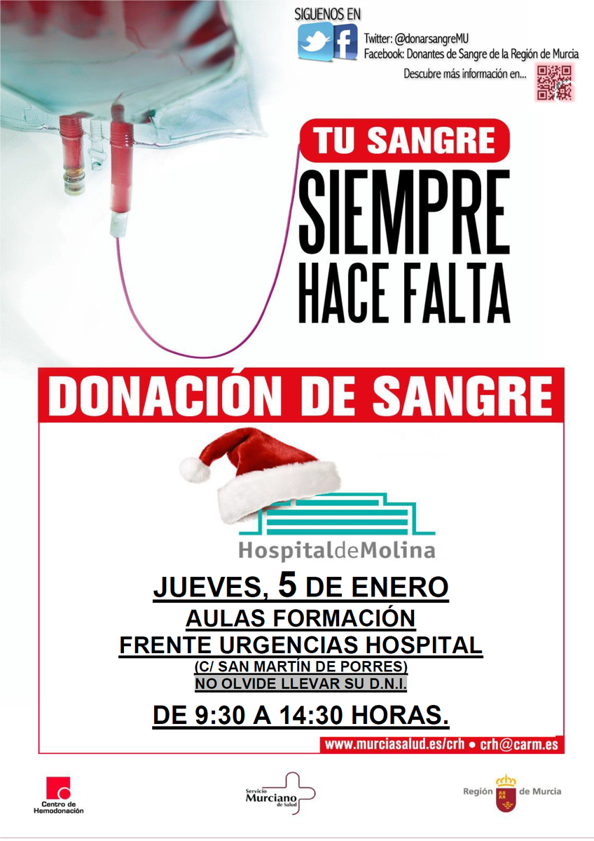 Hospital_Molina's tweet photo. #Solidaridad Esta Navidad, el mejor regalo, tu sangre. Apúntate la cita para participar en la campaña de #Hemodonación en nuestro #Hospital. https://t.co/34lacuj9Ci