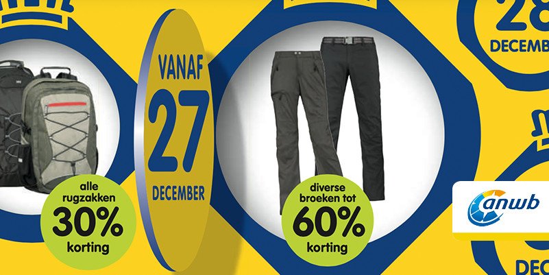 Vandaag dinsdag 27 december: Diverse broeken, ook afrits- en outdoorbroeken. Tot 60% korting webwinkel.anwb.nl/webwinkel/?utm…