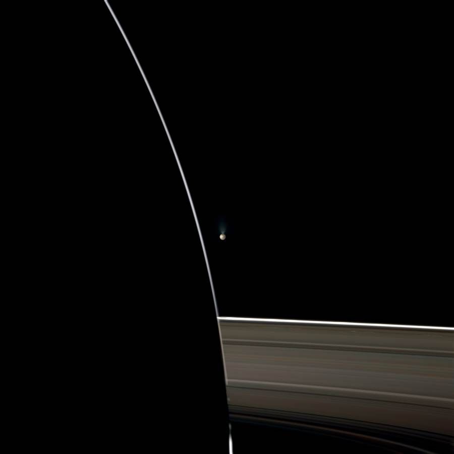 Enceladus shoots jets of water into space in this view from Saturn's nightside, captured by the Cassini spacecraft buff.ly/2iB0J8I