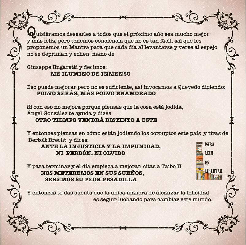 Taibo2's tweet photo. Mantra de la @BrigadaCultural para tiempos oscuros (Favor de imprimirlo y pegarlo en el espejo) https://t.co/mQayzWmA1L