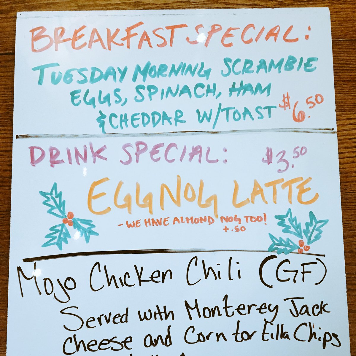 mojocafegallery's tweet photo. GOOD MORNING FRIENDS OF MOJO! here are the specials we will be serving today! Try our eggnog latte before eggnog goes out of style! https://t.co/Qq7BuCrCmt