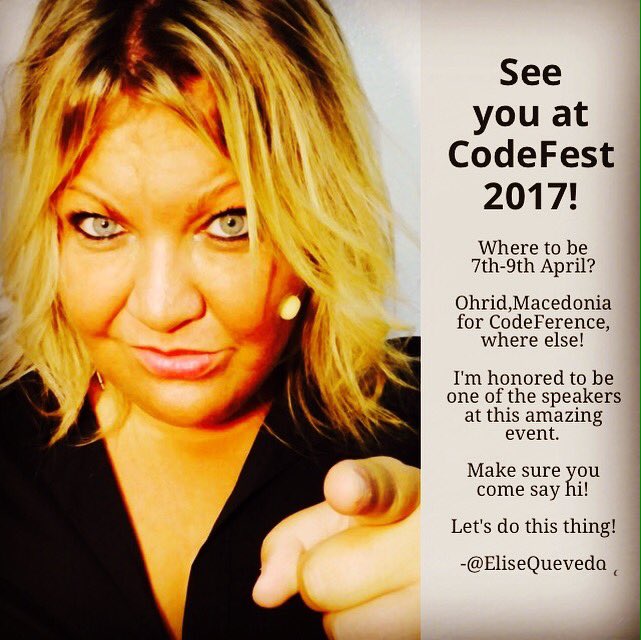 EliseQuevedo's tweet image. Looking forward to being a part of @CodefestEU in #Macedonia.
Thank you @wsasiama @jasne_t for the invitation.
Stay tuned! #CF17