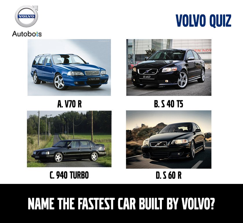 AutobotsVolvo's tweet photo. Comment with your answer.
Share with your friends to see if they know the correct answer.
#VolvoQuiz | #VolvoCars | #AutobotsVolvo https://t.co/s7ru1kwxf4