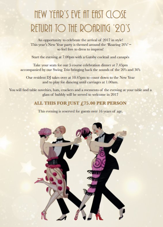 EastClose's tweet photo. Planning NYE last minute? We still have tables available for our 1920's NYE party! Call 01425 672404 to check our availability 🍾🍸🎇 https://t.co/ymwGN9JAHr