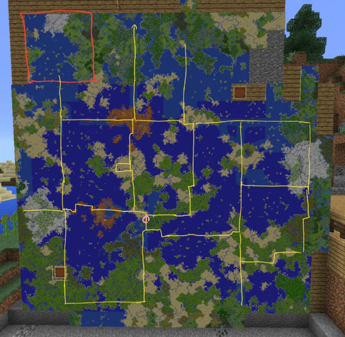 ট ইট র カレラ 進捗 赤は更新された箇所 黄色はトロッコレールの大体の敷設位置 ピンクは初期スポーン地点です 遺跡が写ってほしいので2回強化の地図で繋げています W 保存データ1 3gbになりました 笑 マイクラpe Minecraft