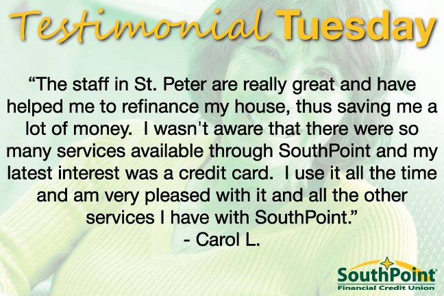 SouthPointFCU's tweet photo. We love hearing how we have saved our members time & money! #TestimonialTuesday #SouthPointDifference #SouthPointStories https://t.co/kEfho4WfUy