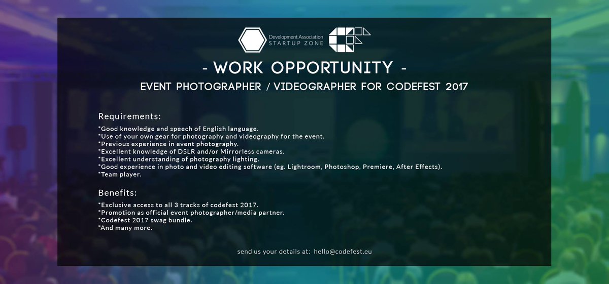 CodefestEU's tweet photo. We are looking for an #event #photographer for #CodefestTechFestival 2017! Apply at hello@codefest.eu with: "CF17 Photographer/Videographer" https://t.co/PMynia3w2V