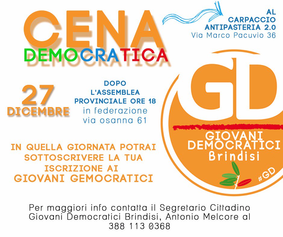 GdBrindisi's tweet photo. Oggi Assemblea provinciale dei GD Brindisi. Uno sguardo alle attività del 2016 e la nuova programmazione per il 2017. @gdnazionale https://t.co/bVXxLoeddN